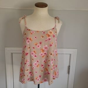 Boho Floral Swing Tank Cami Blouse Top S Boutique Tie Festival Coachella Neutral